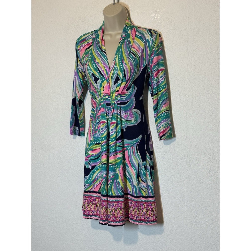 Lilly Pulitzer Marlowe Dress In Fronds Place V Neck 3/4 Sleeve Box Pleat Sz XS - Picture 2 of 7